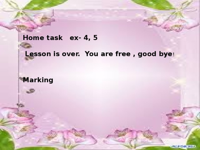 Home task ex- 4, 5   Lesson is over. You are free , good bye ! Marking