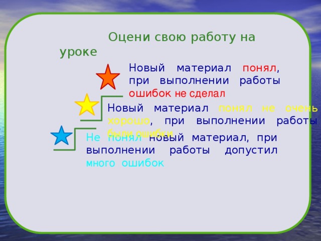 Не понял новый материал, при выполнении работы допустил много  ошибок  Оцени свою работу на уроке Новый материал понял , при выполнении работы ошибок не сделал Новый материал понял не очень хорошо , при выполнении работы  были ошибки