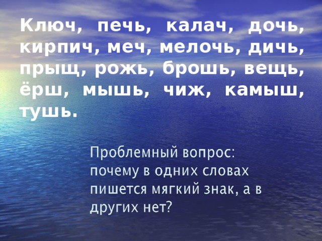 Ключ, печь, калач, дочь, кирпич, меч, мелочь, дичь, прыщ, рожь, брошь, вещь, ёрш, мышь, чиж, камыш, тушь.