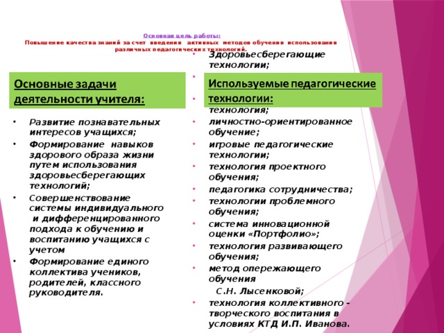 Основная цель работы:  Повышение качества знаний за счет введения активных методов обучения использования различных педагогических технологий.   Здоровьесберегающие технологии; информационно-коммуникативные технологии; гуманно-личностная технология; личностно-ориентированное обучение; игровые педагогические технологии; технология проектного обучения; педагогика сотрудничества; технологии проблемного обучения; система инновационной оценки «Портфолио»; технология развивающего обучения; метод опережающего обучения  С.Н. Лысенковой; технология коллективного - творческого воспитания в условиях КТД И.П. Иванова.