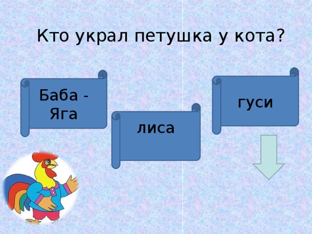      Кто украл петушка у кота?  гуси Баба - Яга лиса