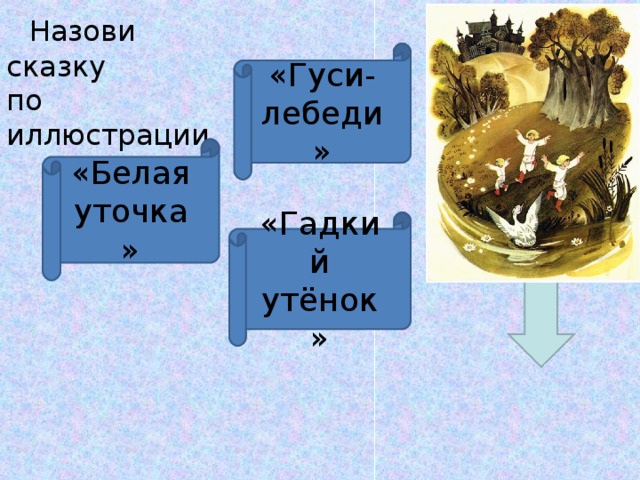    Назови сказку  по иллюстрации «Гуси-лебеди» «Белая уточка» «Гадкий утёнок»