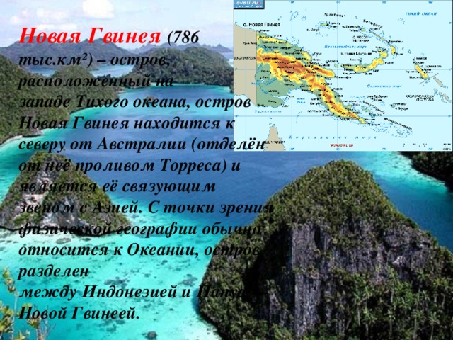 Новая Гвинея (786 тыс.км²) – остров, расположенный на западе Тихого океана, остров Новая Гвинея находится к северу от Австралии (отделён от неё проливом Торреса) и является её связующим звеном с Азией. С точки зрения физической географии обычно относится к Океании, остров разделен между Индонезией и Папуа — Новой Гвинеей.