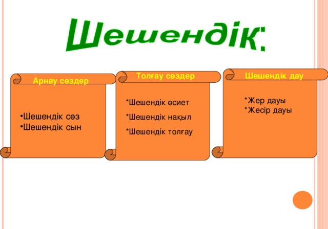 Толғау сөздер Шешендік дау Арнау сөздер *Жер дауы *Жесір дауы *Шешендік өсиет *Шешендік нақыл *Шешендік толғау