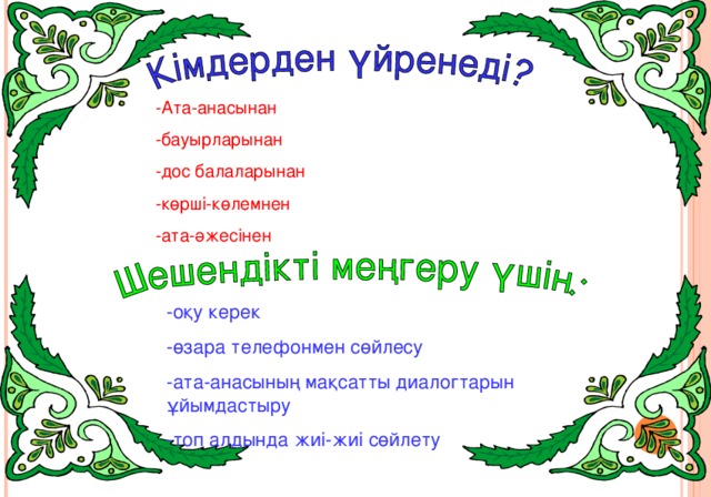 -Ата-анасынан -бауырларынан -дос балаларынан -көрші-көлемнен -ата-әжесінен -оқу керек -өзара телефонмен сөйлесу -ата-анасының мақсатты диалогтарын ұйымдастыру -топ алдында жиі-жиі сөйлету